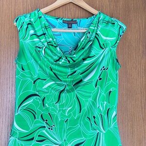 Dana Buchman Green Floral Cowl Neck Cap Sleeve Top